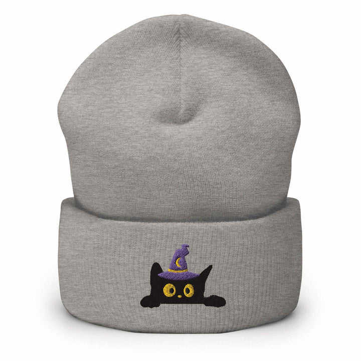 Black Wizard Cat Embroidered Cuffed Beanie: Cozy Unisex Winter Cap