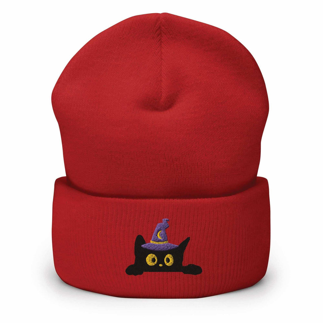 Black Wizard Cat Embroidered Cuffed Beanie: Cozy Unisex Winter Cap