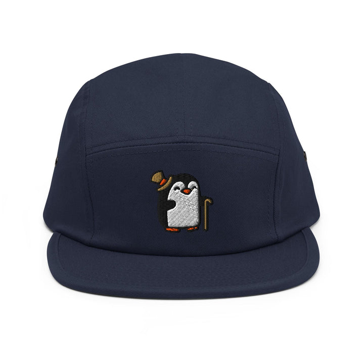 Sophisticated Sir Penguin Embroidered 5‑Panel Cotton Camper Cap: Adjustable Fit