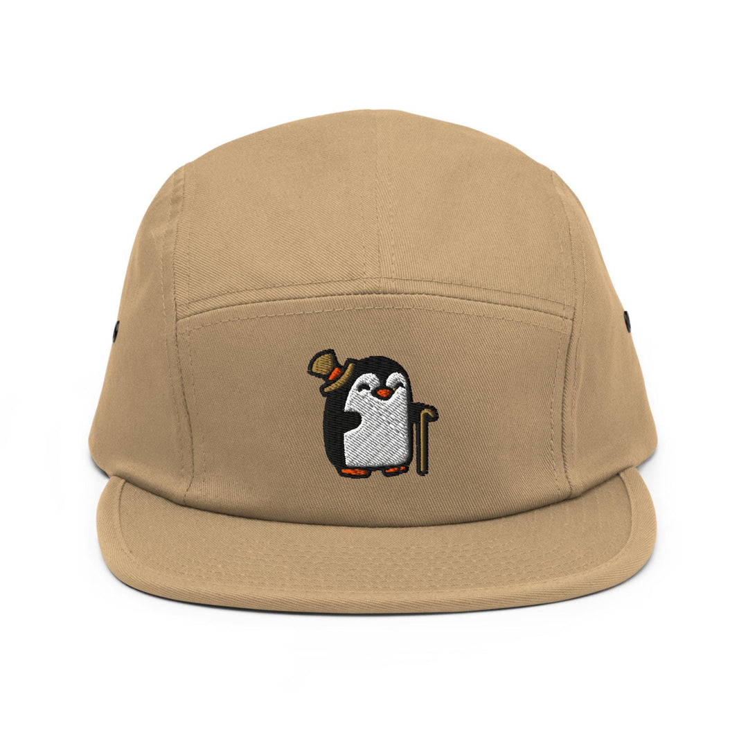 Sophisticated Sir Penguin Embroidered 5‑Panel Cotton Camper Cap: Adjustable Fit