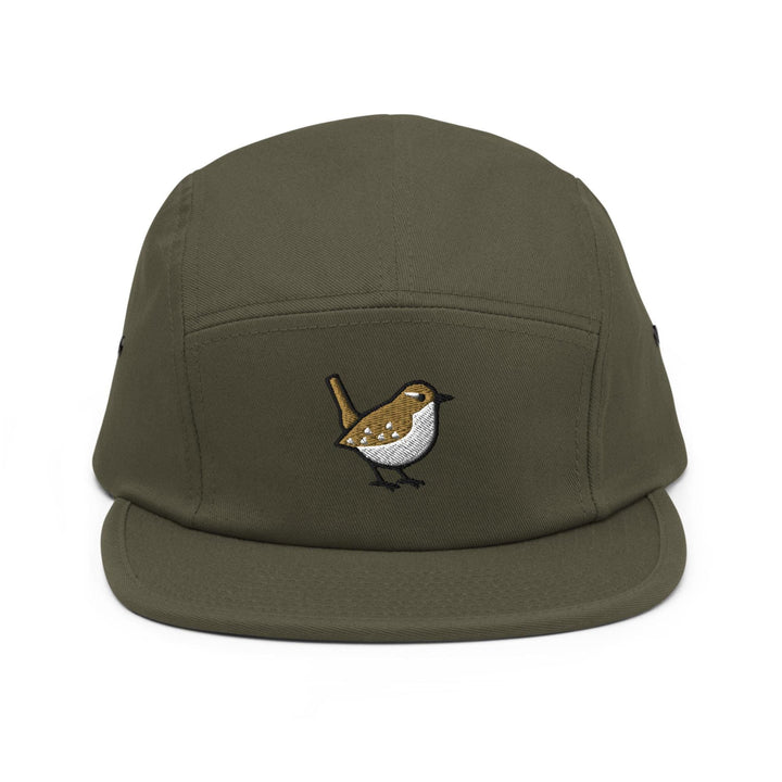 Winter Wren Embroidered 5‑Panel Cotton Camper Cap: Adjustable Fit