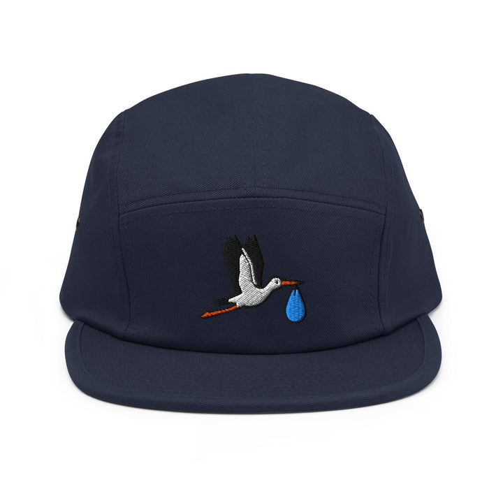 Flying Stork with Baby Bundle Embroidered 5‑Panel Cotton Camper Cap: Adjustable Fit