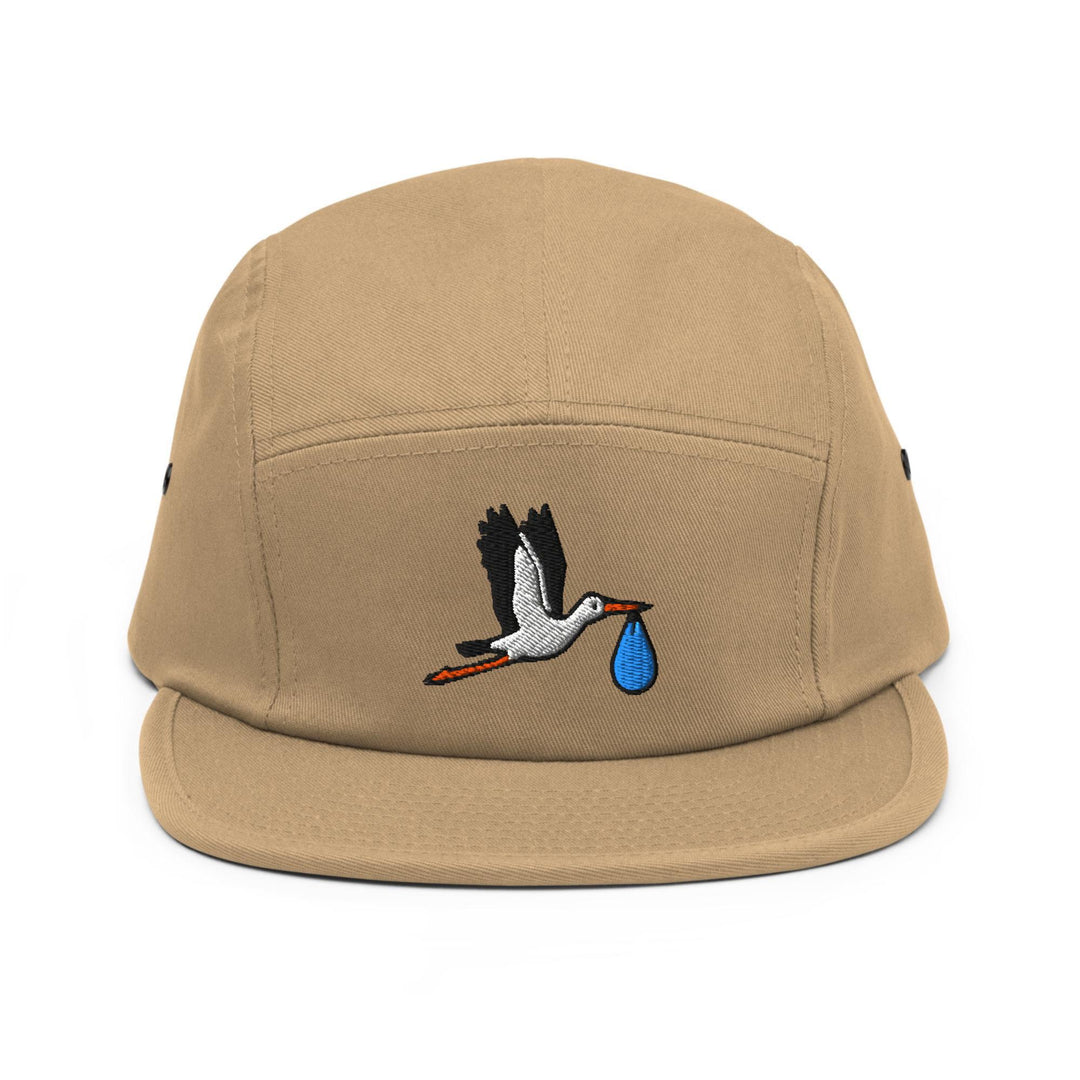 Flying Stork with Baby Bundle Embroidered 5‑Panel Cotton Camper Cap: Adjustable Fit