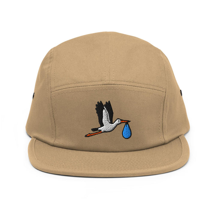 Flying Stork with Baby Bundle Embroidered 5‑Panel Cotton Camper Cap: Adjustable Fit