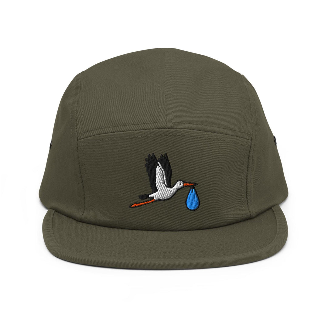 Flying Stork with Baby Bundle Embroidered 5‑Panel Cotton Camper Cap: Adjustable Fit