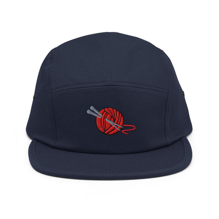 Knitting Needle and Yarn Embroidered 5‑Panel Cotton Camper Cap: Adjustable Fit