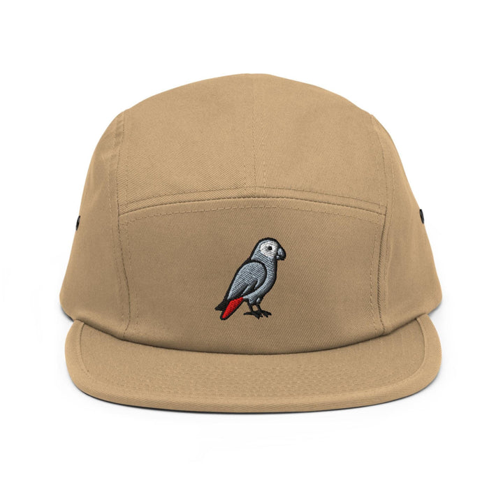 African Grey Parrot Embroidered 5‑Panel Cotton Camper Cap: Adjustable Fit