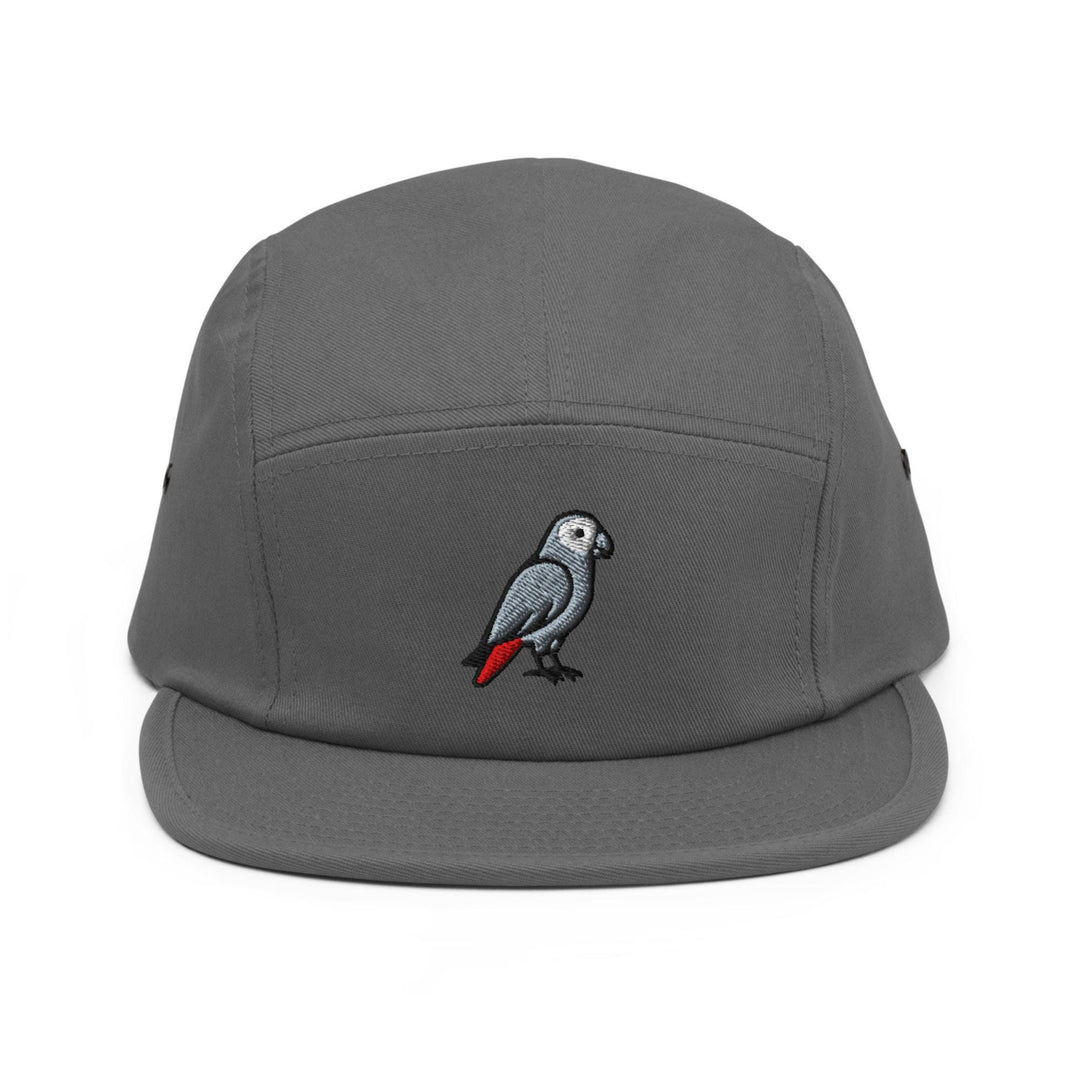 African Grey Parrot Embroidered 5‑Panel Cotton Camper Cap: Adjustable Fit