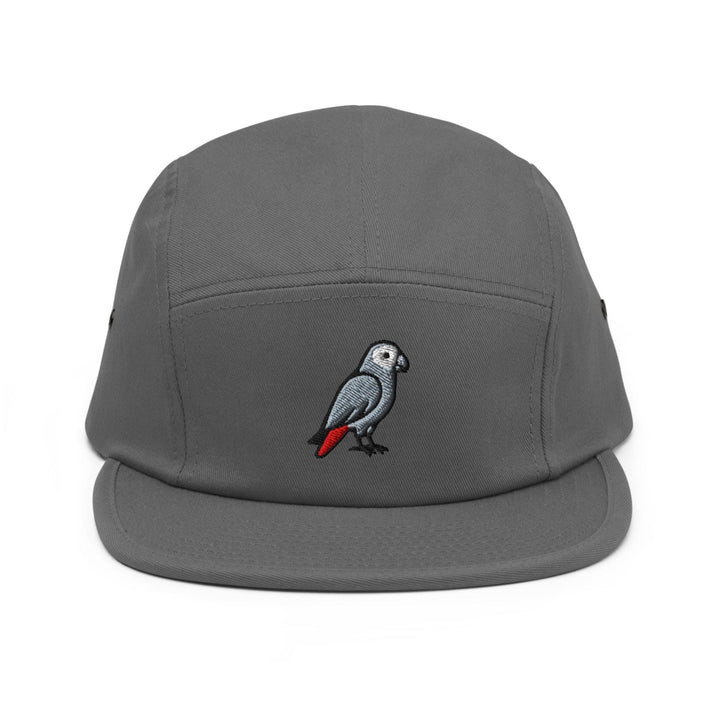 African Grey Parrot Embroidered 5‑Panel Cotton Camper Cap: Adjustable Fit