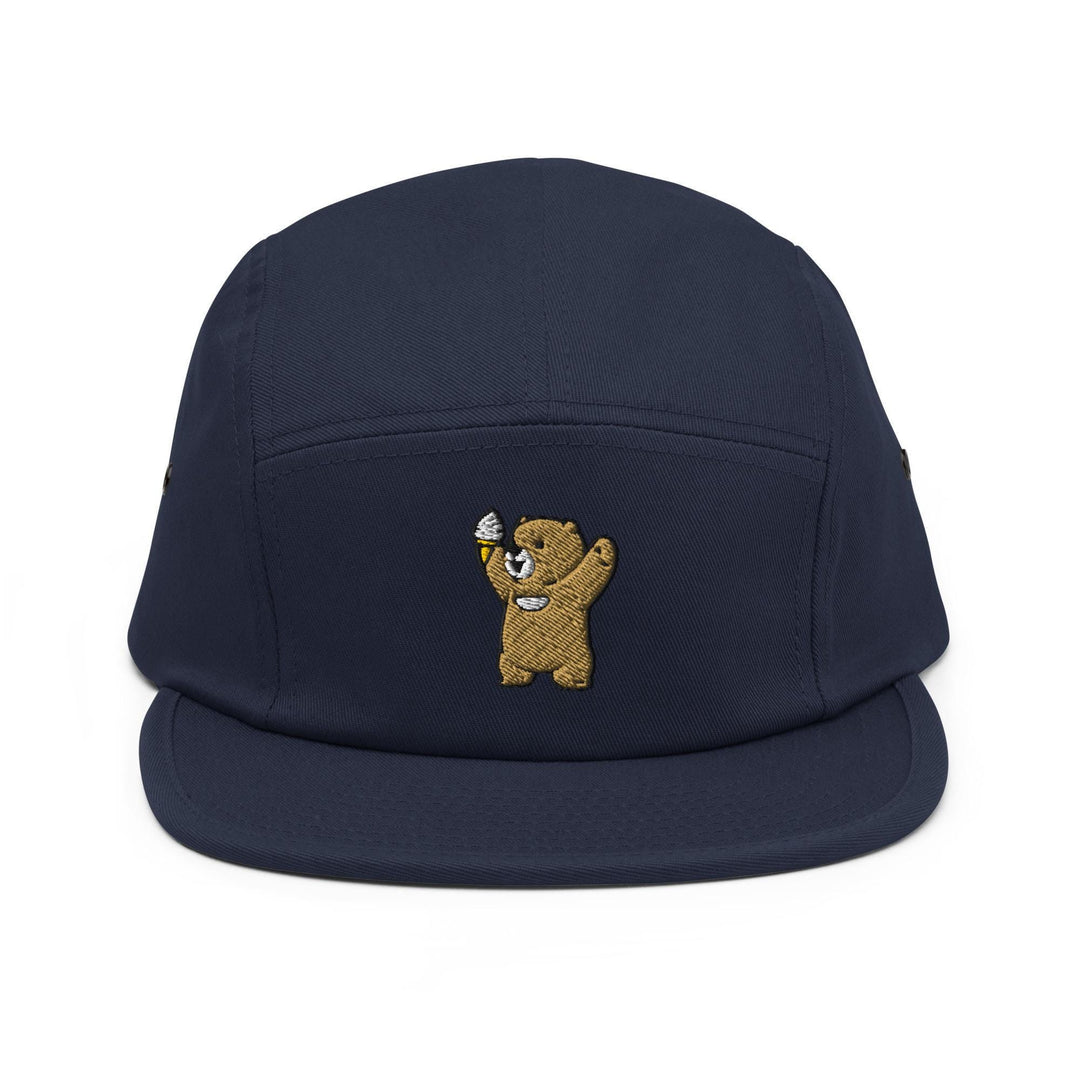 Cheerful Ice Cream Bear Embroidered 5‑Panel Cotton Camper Cap: Adjustable Fit