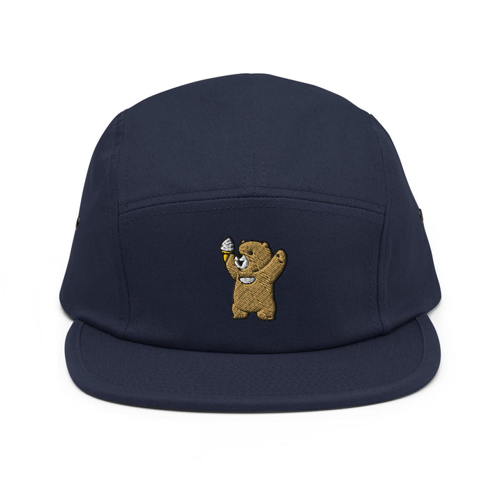 Cheerful Ice Cream Bear Embroidered 5‑Panel Cotton Camper Cap: Adjustable Fit