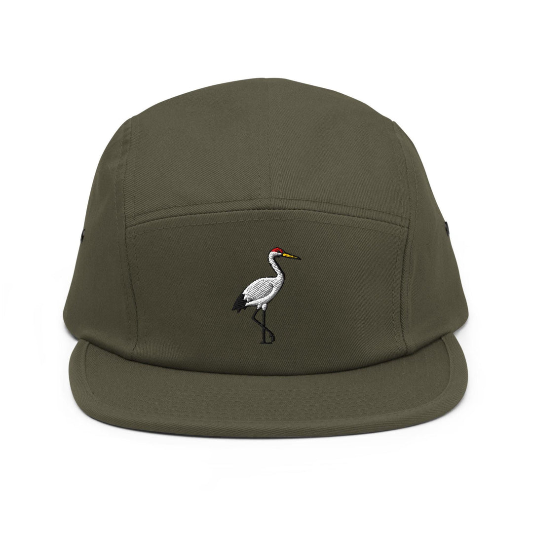 Crane Bird Embroidered 5‑Panel Cotton Camper Cap: Adjustable Fit
