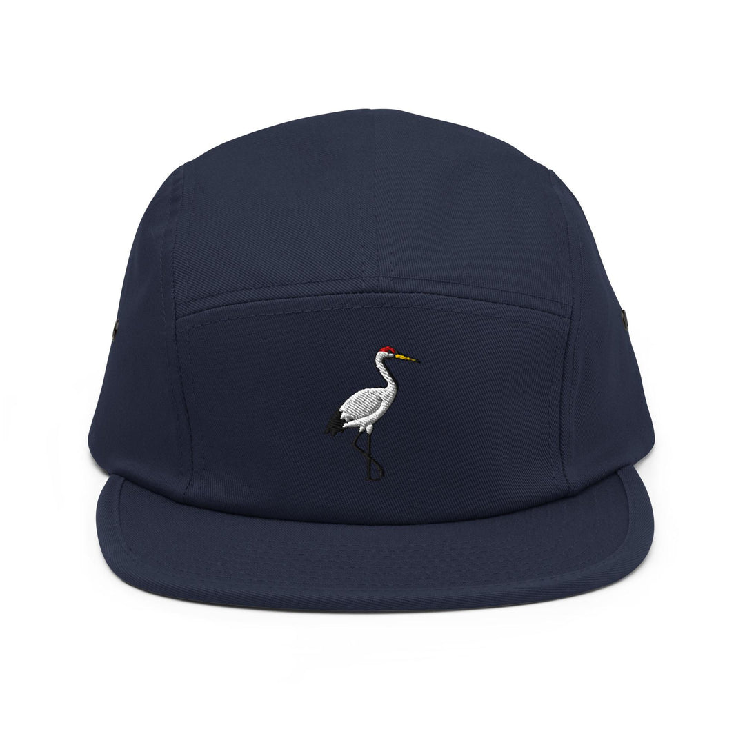Crane Bird Embroidered 5‑Panel Cotton Camper Cap: Adjustable Fit