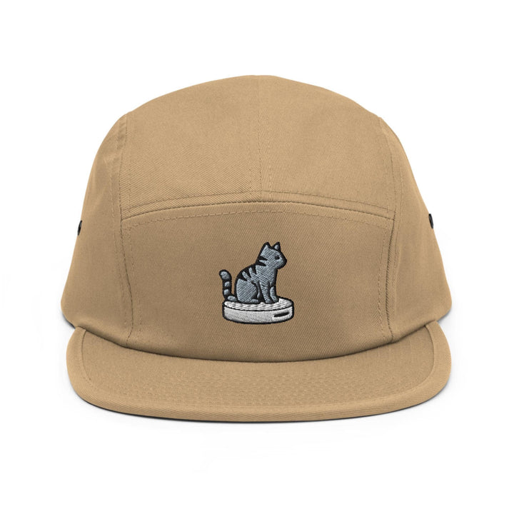 Cat on Vacuum Robot Embroidered 5‑Panel Cotton Camper Cap: Adjustable Fit