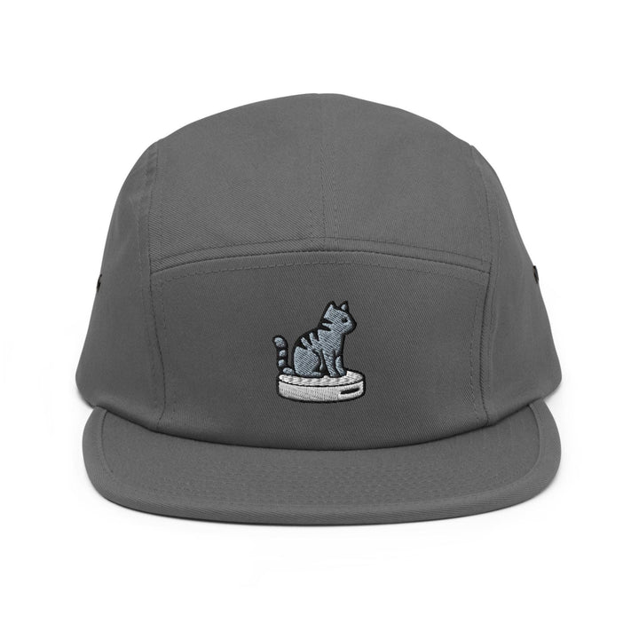 Cat on Vacuum Robot Embroidered 5‑Panel Cotton Camper Cap: Adjustable Fit
