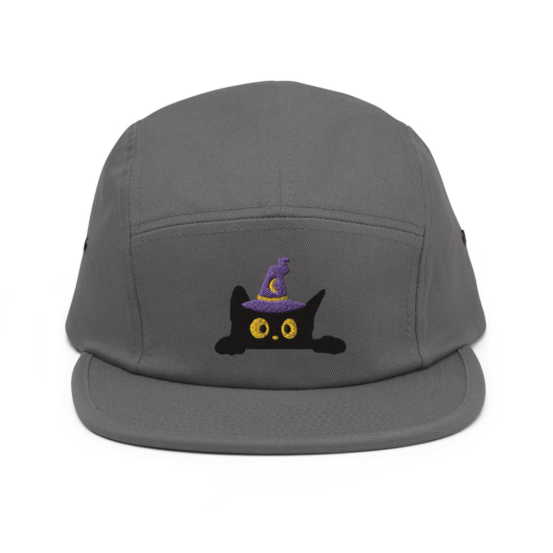 Black Wizard Cat Embroidered 5‑Panel Cotton Camper Cap: Adjustable Fit