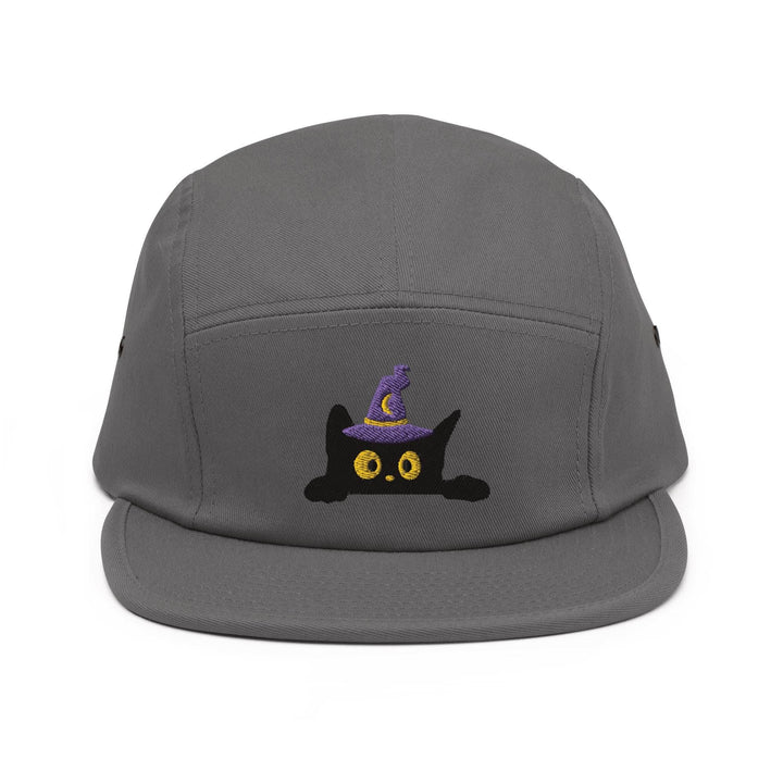 Black Wizard Cat Embroidered 5‑Panel Cotton Camper Cap: Adjustable Fit