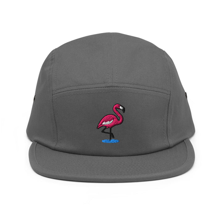 Flamingo in Water Embroidered 5‑Panel Cotton Camper Cap: Adjustable Fit