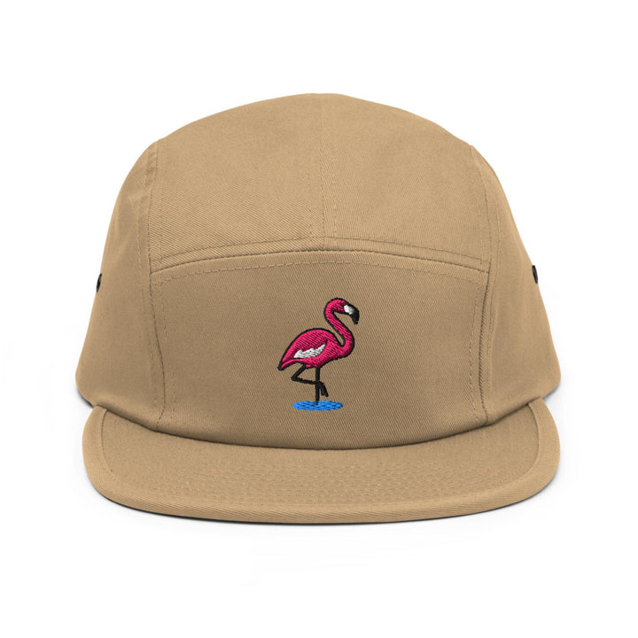 Flamingo in Water Embroidered 5‑Panel Cotton Camper Cap: Adjustable Fit