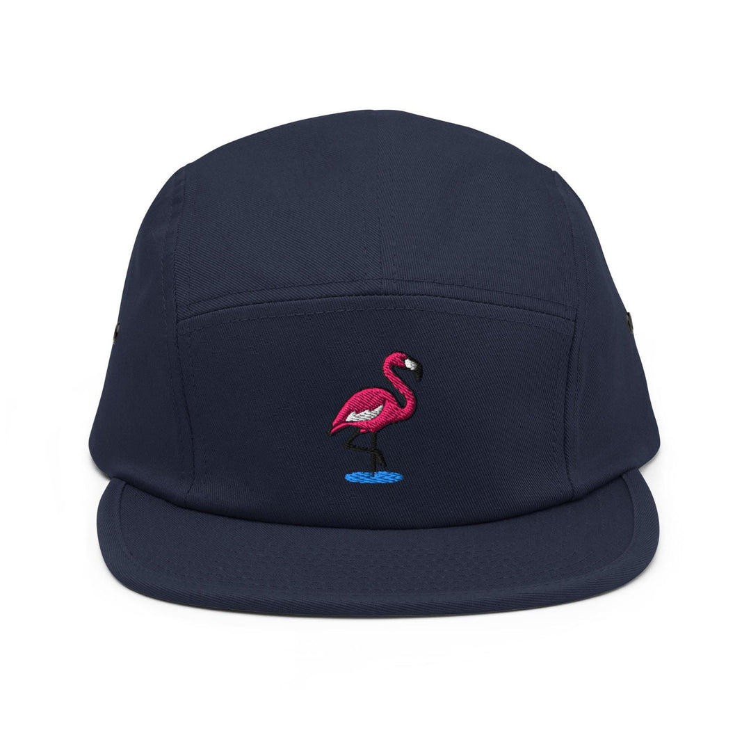 Flamingo in Water Embroidered 5‑Panel Cotton Camper Cap: Adjustable Fit