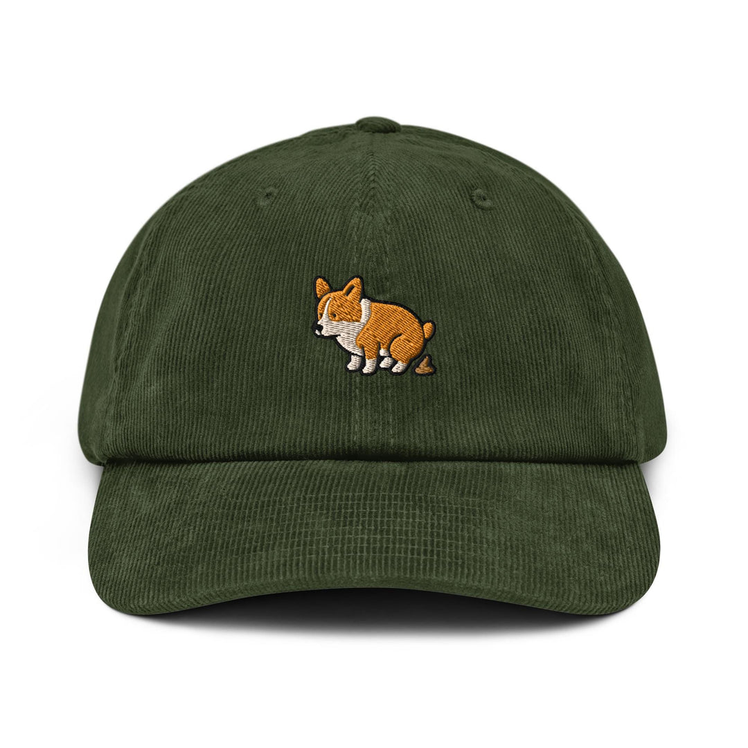 Corgi Pooping Embroidered Cotton Corduroy Hat: Adjustable Fit