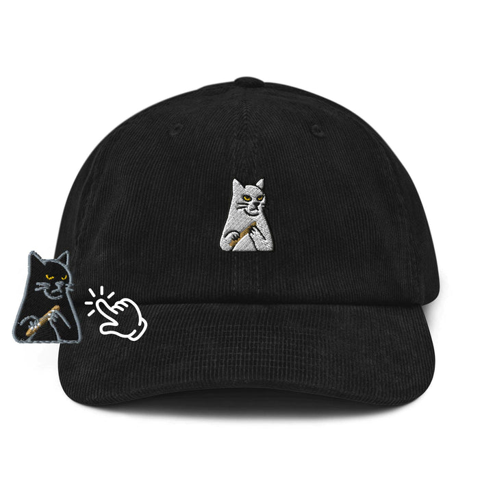 Mr. Pickles Sassy Cat Embroidered Cotton Corduroy Hat: Adjustable Fit