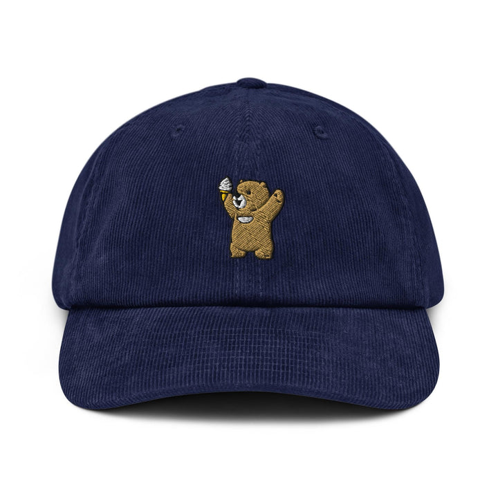 Cheerful Ice Cream Bear Embroidered Cotton Corduroy Hat: Adjustable Fit