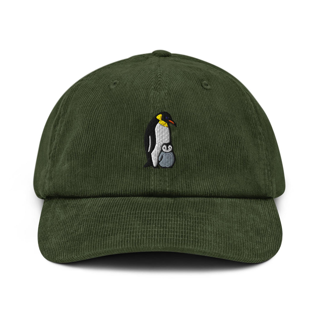 Emperor Penguin with Chick Embroidered Cotton Corduroy Hat: Adjustable Fit