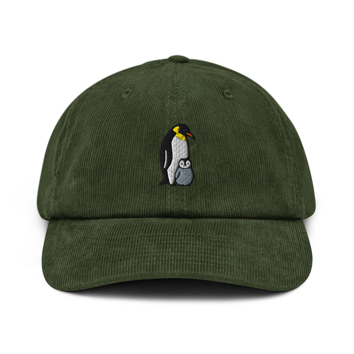 Emperor Penguin with Chick Embroidered Cotton Corduroy Hat: Adjustable Fit