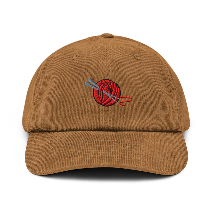 Knitting Needle and Yarn Embroidered Cotton Corduroy Hat: Adjustable Fit