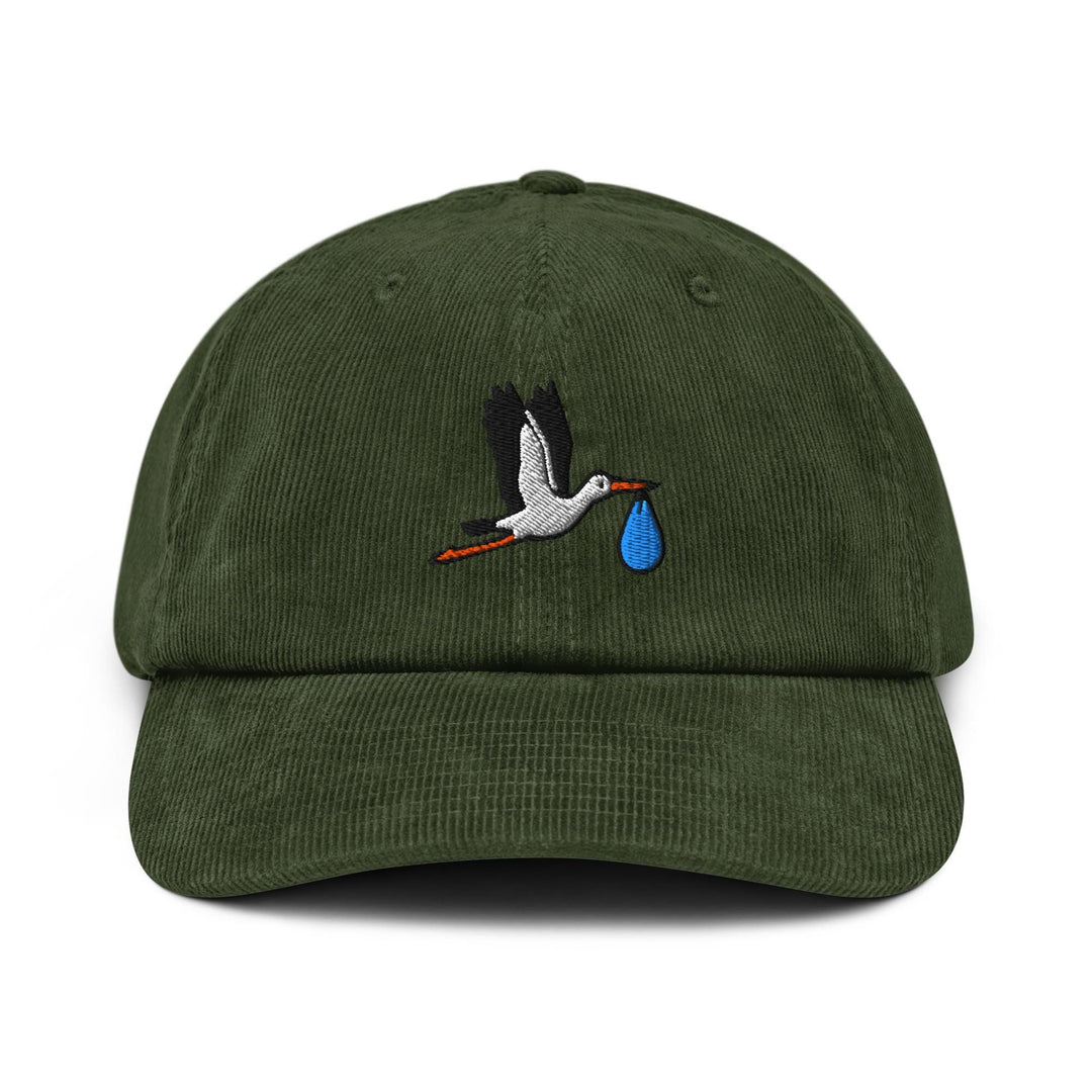 Flying Stork with Baby Bundle Embroidered Cotton Corduroy Hat: Adjustable Fit