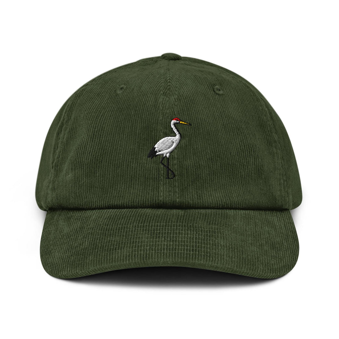 Crane Bird Embroidered Cotton Corduroy Hat: Adjustable Fit