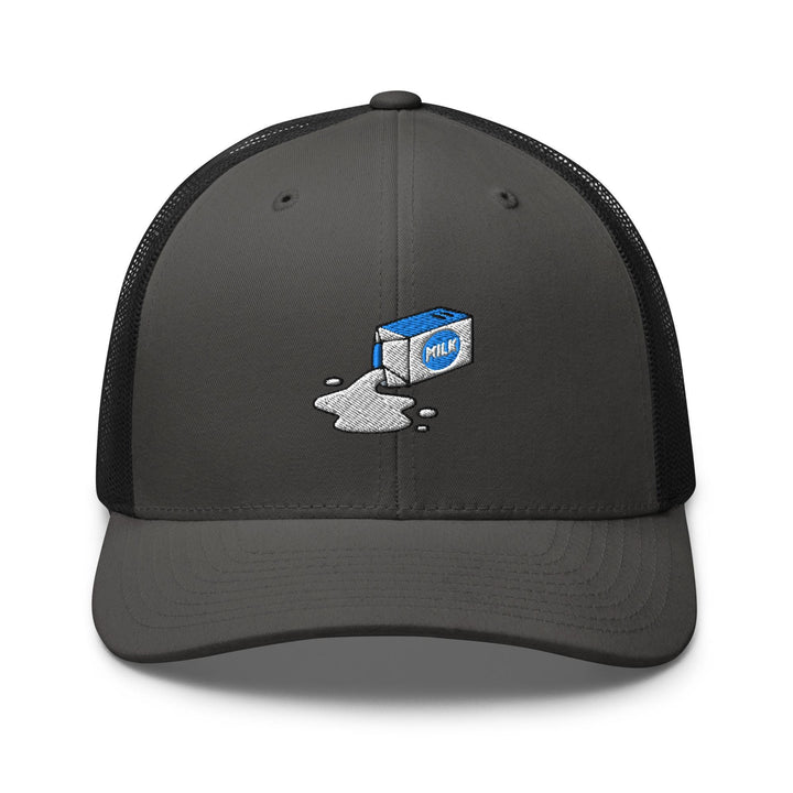 Spilled Milk Carton Embroidered Trucker Hat: Structured Retro Cap with Mesh Back