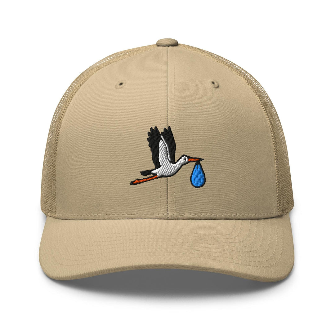 Flying Stork with Baby Bundle Embroidered Trucker Hat: Structured Retro Cap with Mesh Back