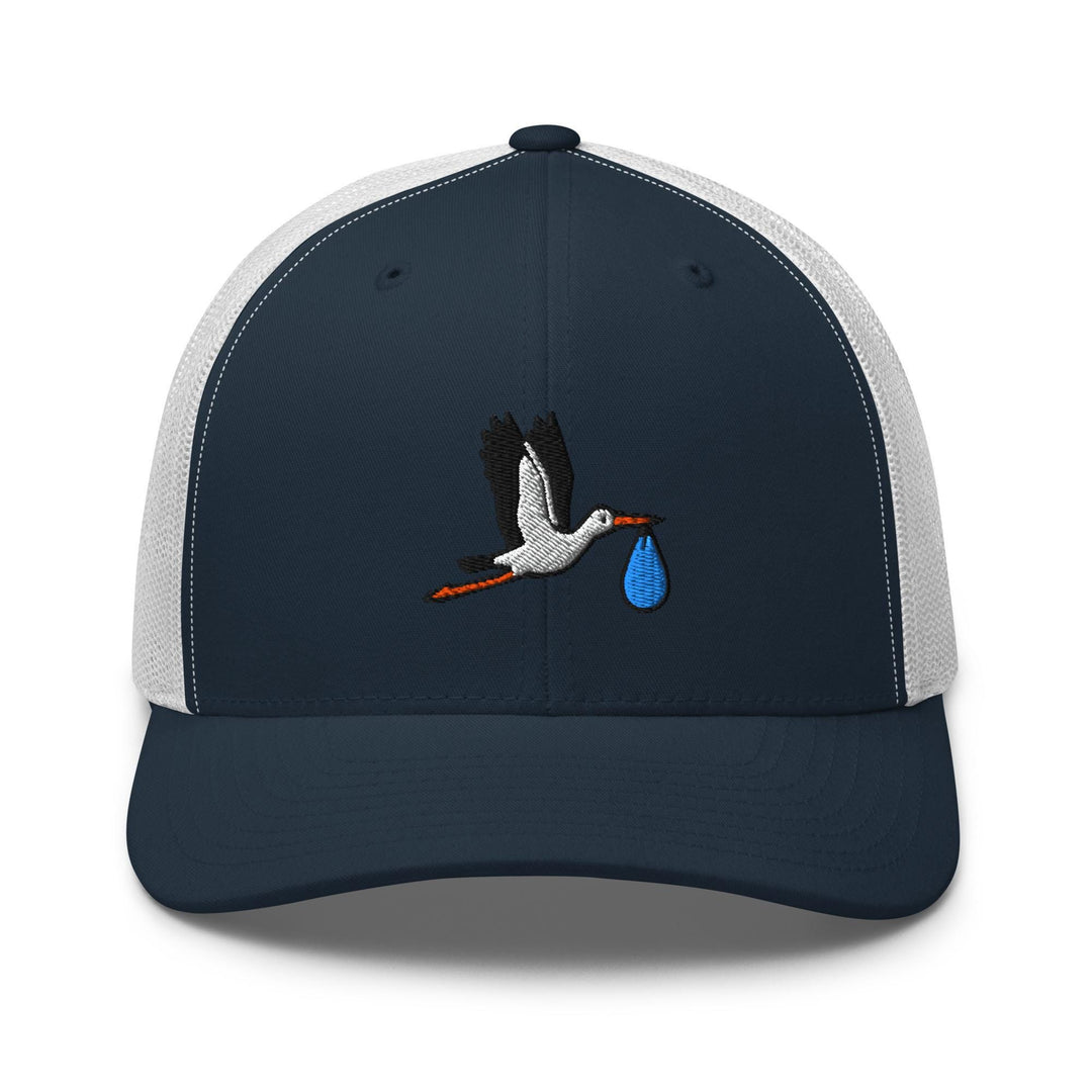 Flying Stork with Baby Bundle Embroidered Trucker Hat: Structured Retro Cap with Mesh Back