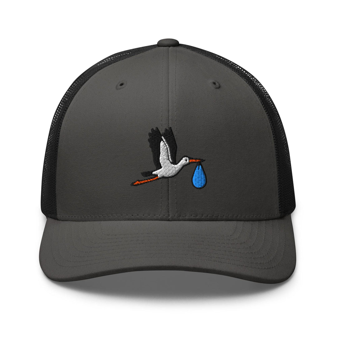 Flying Stork with Baby Bundle Embroidered Trucker Hat: Structured Retro Cap with Mesh Back