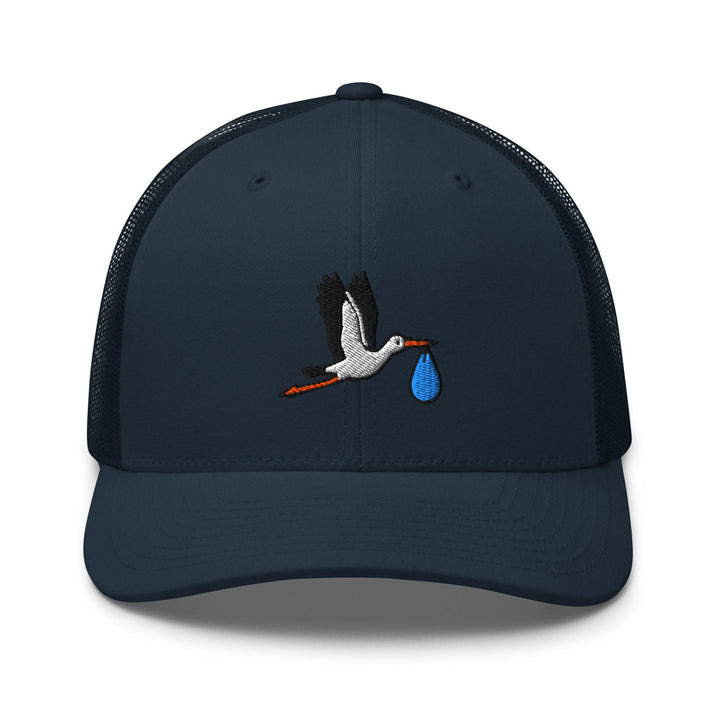 Flying Stork with Baby Bundle Embroidered Trucker Hat: Structured Retro Cap with Mesh Back