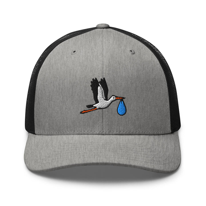 Flying Stork with Baby Bundle Embroidered Trucker Hat: Structured Retro Cap with Mesh Back