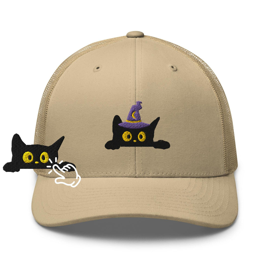 Black Wizard Cat Embroidered Trucker Hat: Structured Retro Cap with Mesh Back