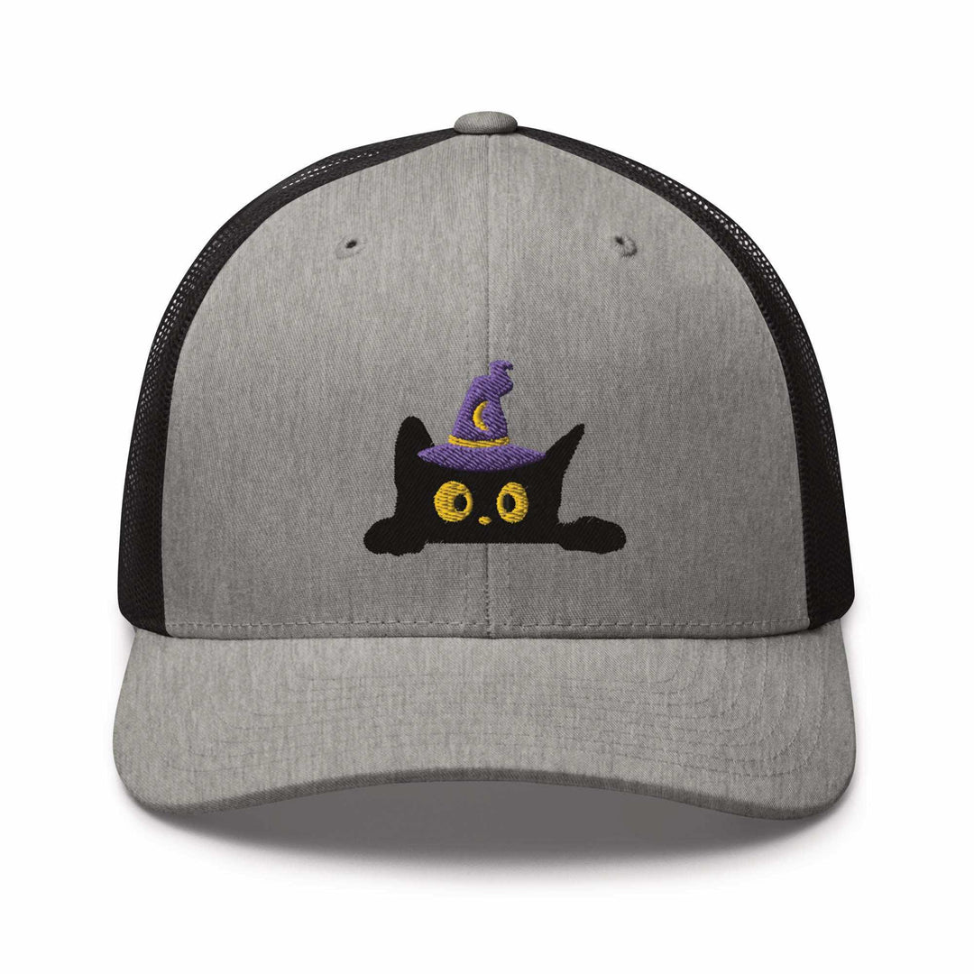 Black Wizard Cat Embroidered Trucker Hat: Structured Retro Cap with Mesh Back