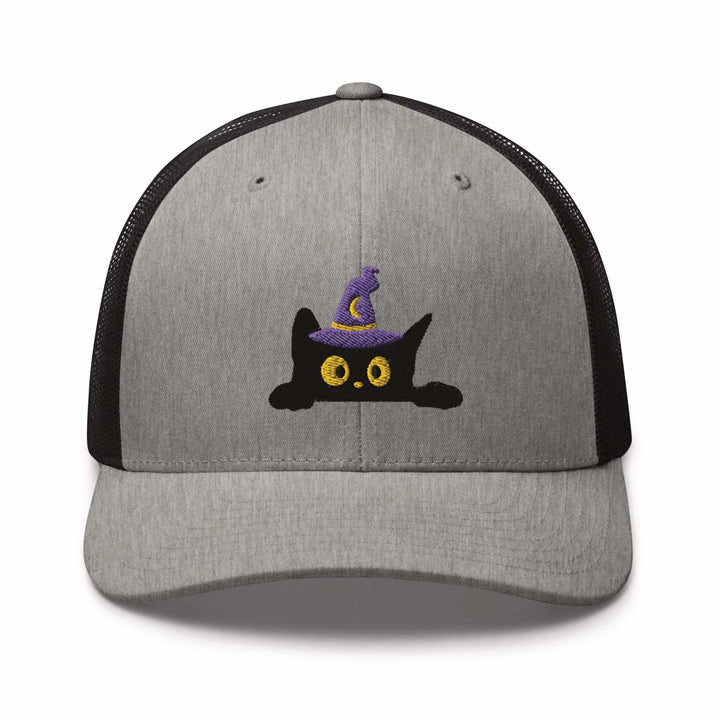 Black Wizard Cat Embroidered Trucker Hat: Structured Retro Cap with Mesh Back