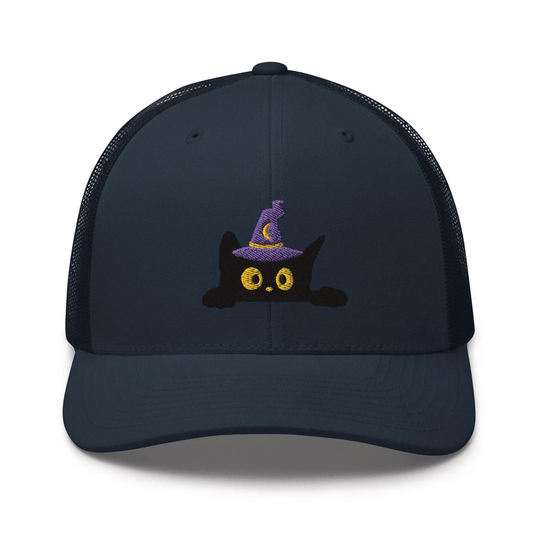 Black Wizard Cat Embroidered Trucker Hat: Structured Retro Cap with Mesh Back