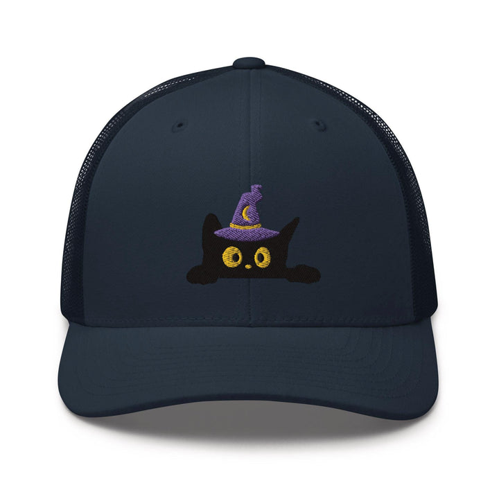 Black Wizard Cat Embroidered Trucker Hat: Structured Retro Cap with Mesh Back