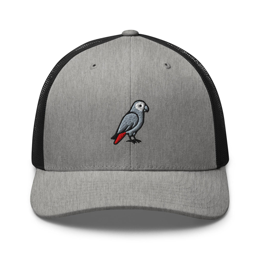 African Grey Parrot Embroidered Trucker Hat: Structured Retro Cap with Mesh Back