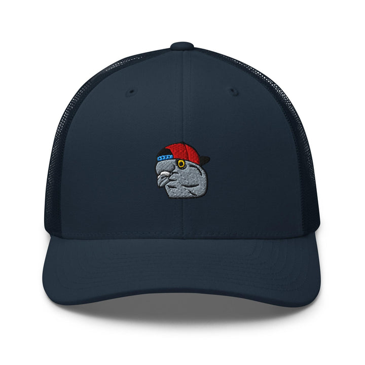 Scumbag Pigeon Embroidered Trucker Hat: Structured Retro Cap with Mesh Back