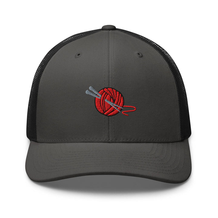 Knitting Needle and Yarn Embroidered Trucker Hat: Structured Retro Cap with Mesh Back
