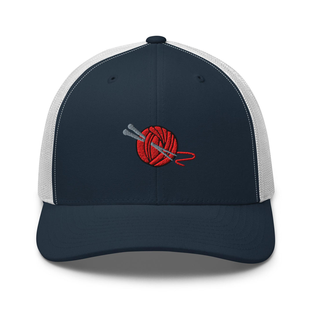 Knitting Needle and Yarn Embroidered Trucker Hat: Structured Retro Cap with Mesh Back