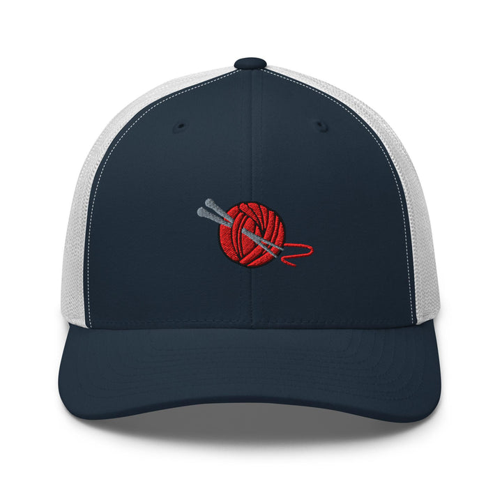 Knitting Needle and Yarn Embroidered Trucker Hat: Structured Retro Cap with Mesh Back