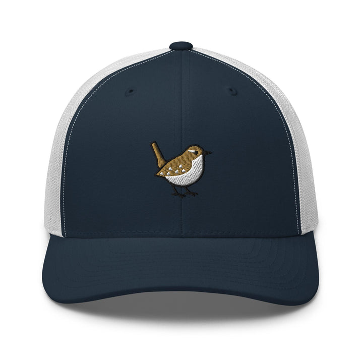 Winter Wren Embroidered Trucker Hat: Structured Retro Cap with Mesh Back