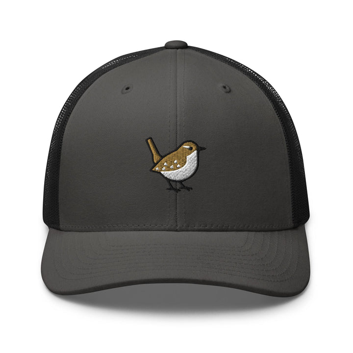 Winter Wren Embroidered Trucker Hat: Structured Retro Cap with Mesh Back